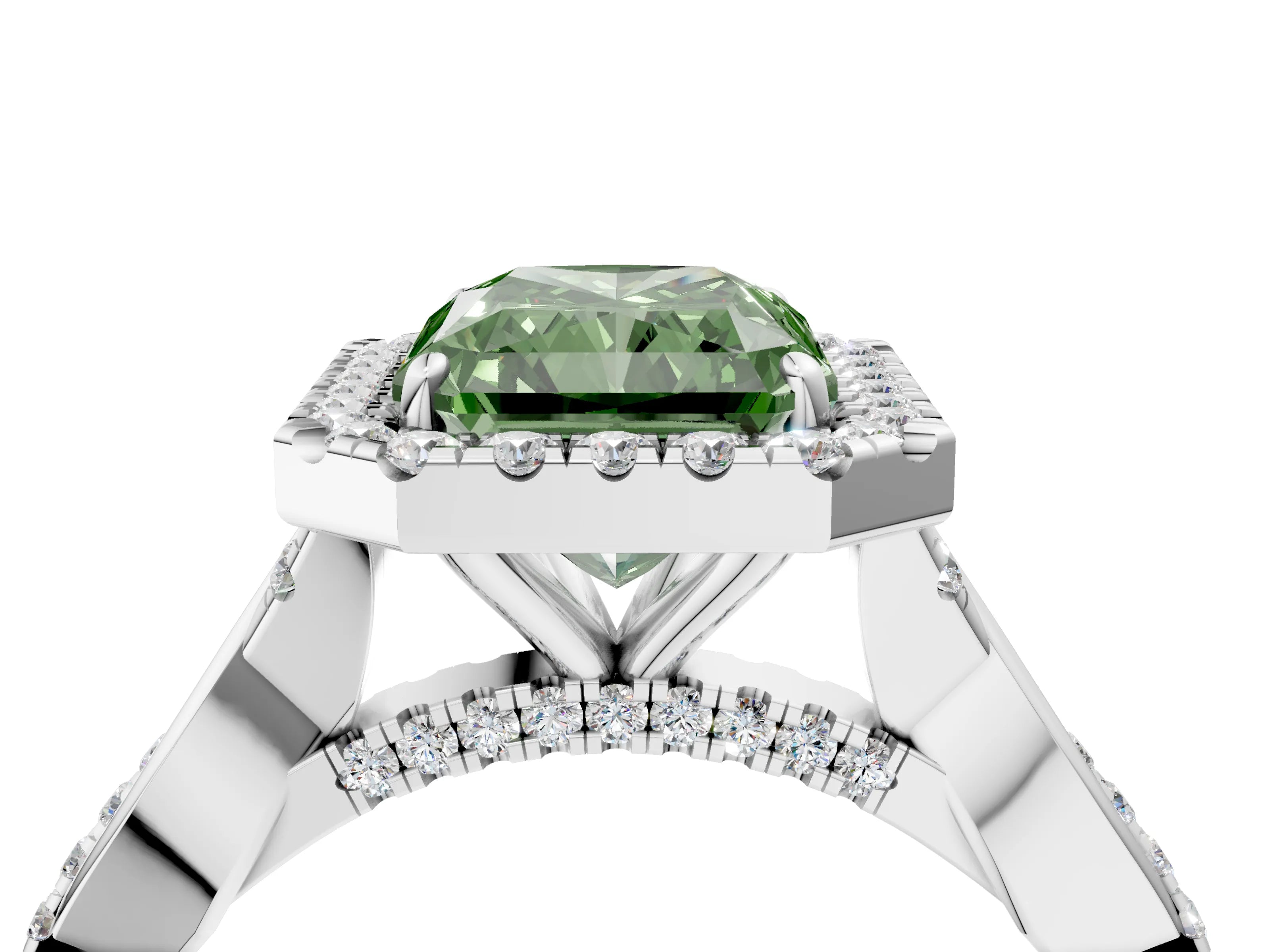 White gold Fancy Green Radiant Cut Halo Twist Band with Four-Prong Setting_4