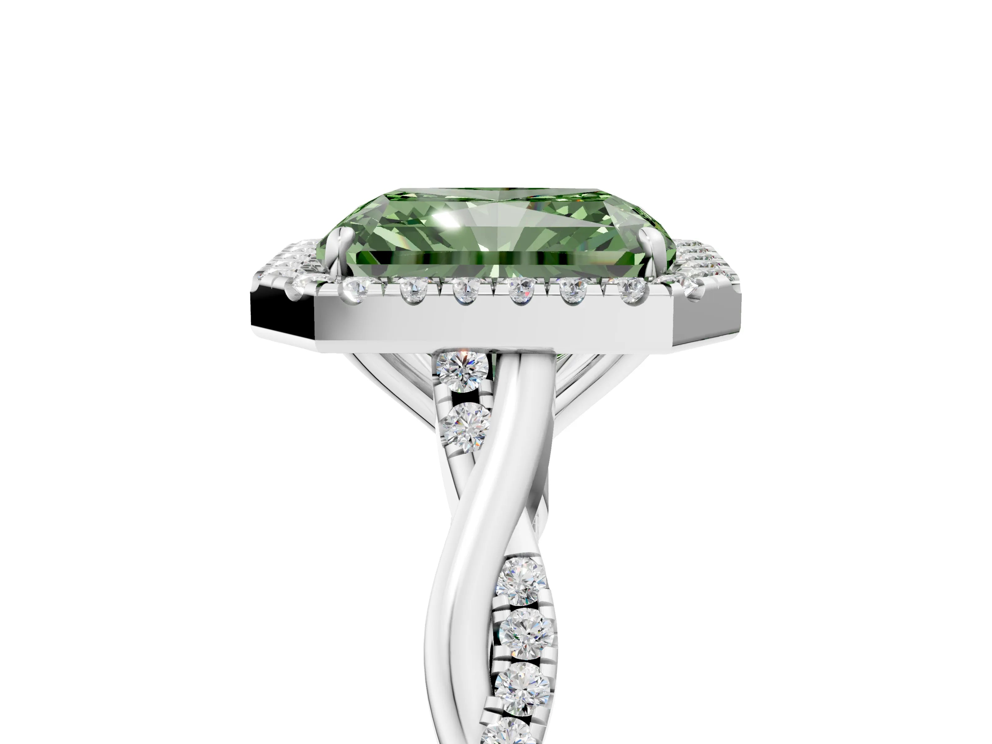 White gold Fancy Green Radiant Cut Halo Twist Band with Four-Prong Setting_5