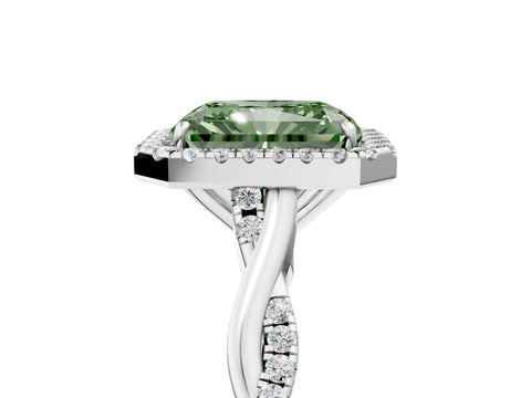 White gold Fancy Green Radiant Cut Halo Twist Band with Four-Prong Setting_5