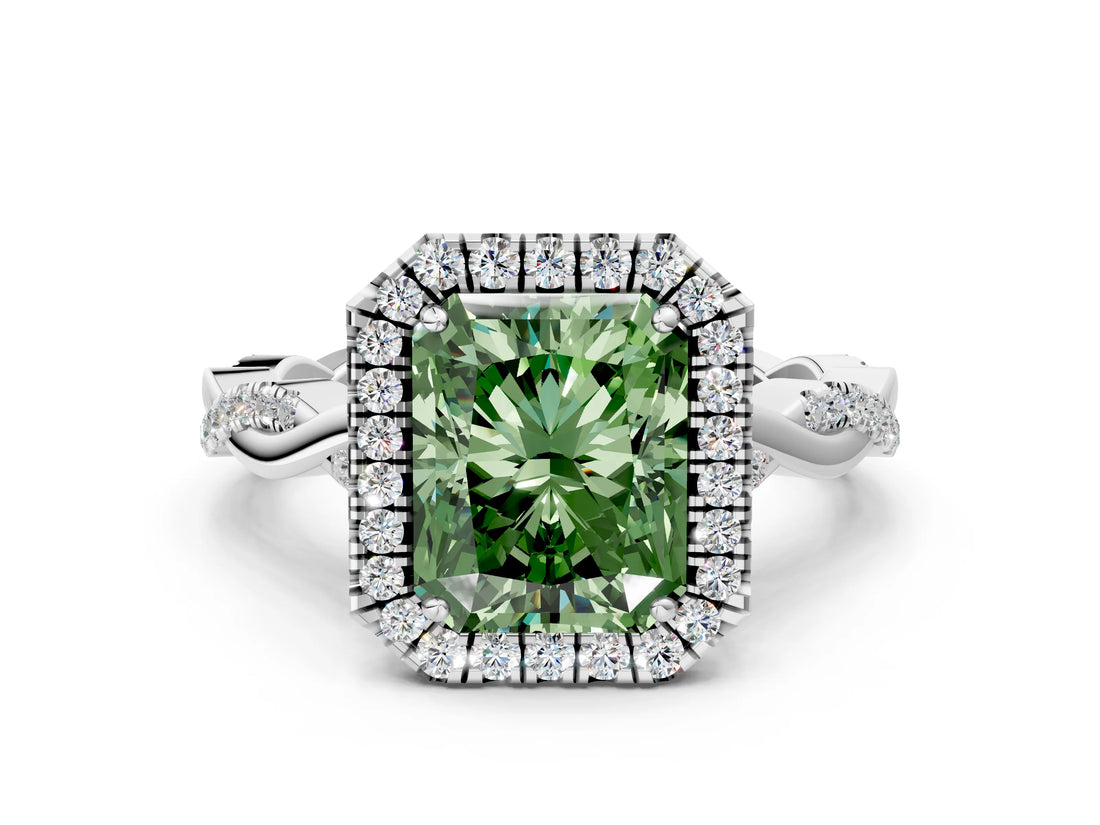 White gold Fancy Green Radiant Cut Halo Twist Band with Four-Prong Setting_72