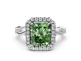 White gold Fancy Green Radiant Cut Halo Twist Band with Four-Prong Setting_72