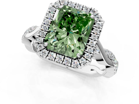 White gold Fancy Green Radiant Cut Halo Twist Band with Four-Prong Setting_73