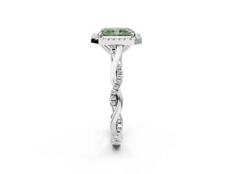 White gold Fancy Green Radiant Cut Halo Twist Band with Four-Prong Setting_74