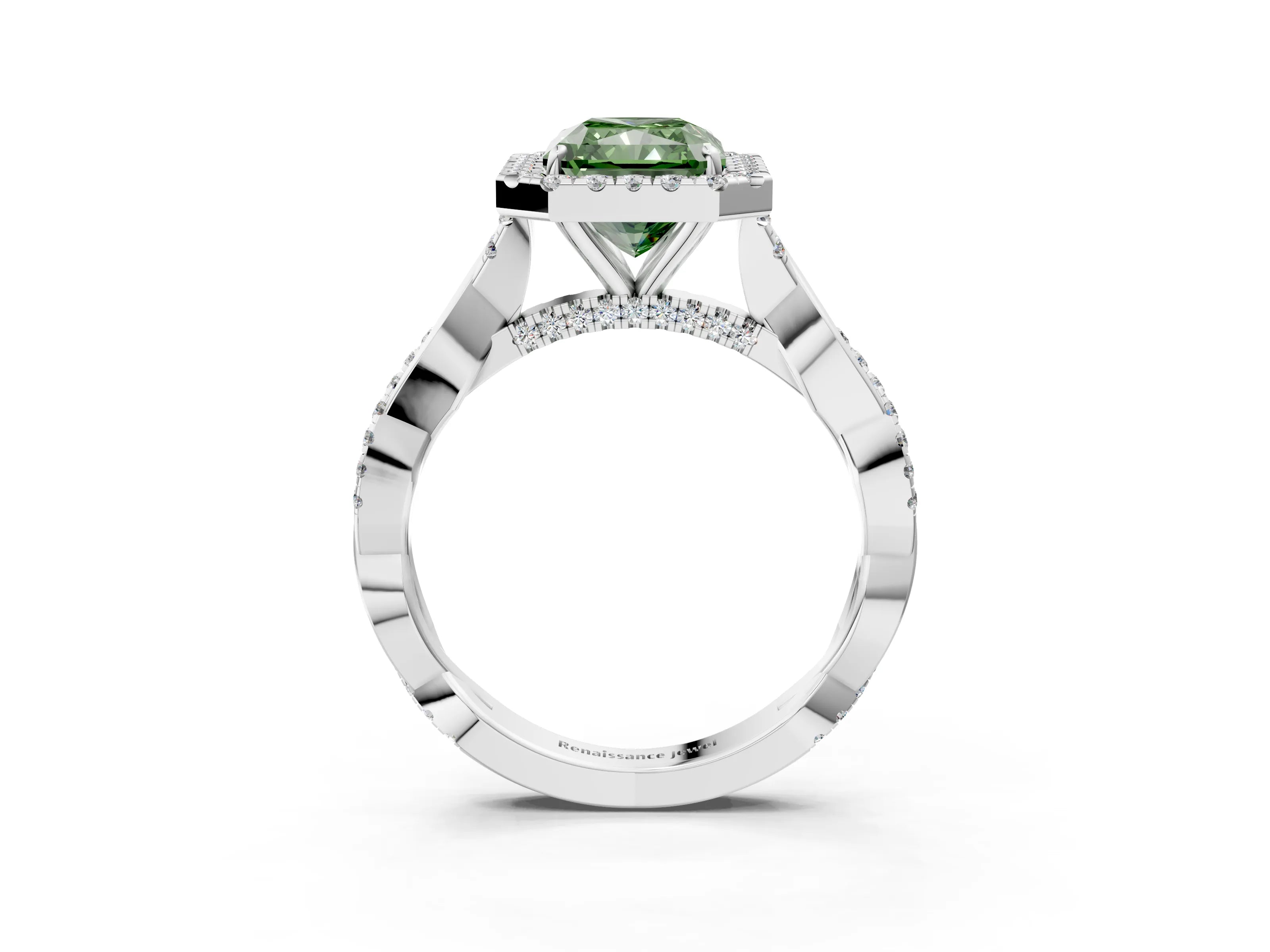 White gold Fancy Green Radiant Cut Halo Twist Band with Four-Prong Setting_75