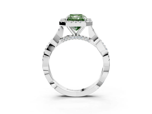 Platinum Fancy Green Radiant Cut Halo Twist Band with Four-Prong Setting