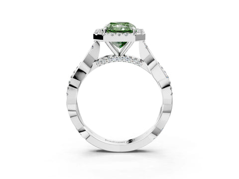 White gold Fancy Green Radiant Cut Halo Twist Band with Four-Prong Setting_76