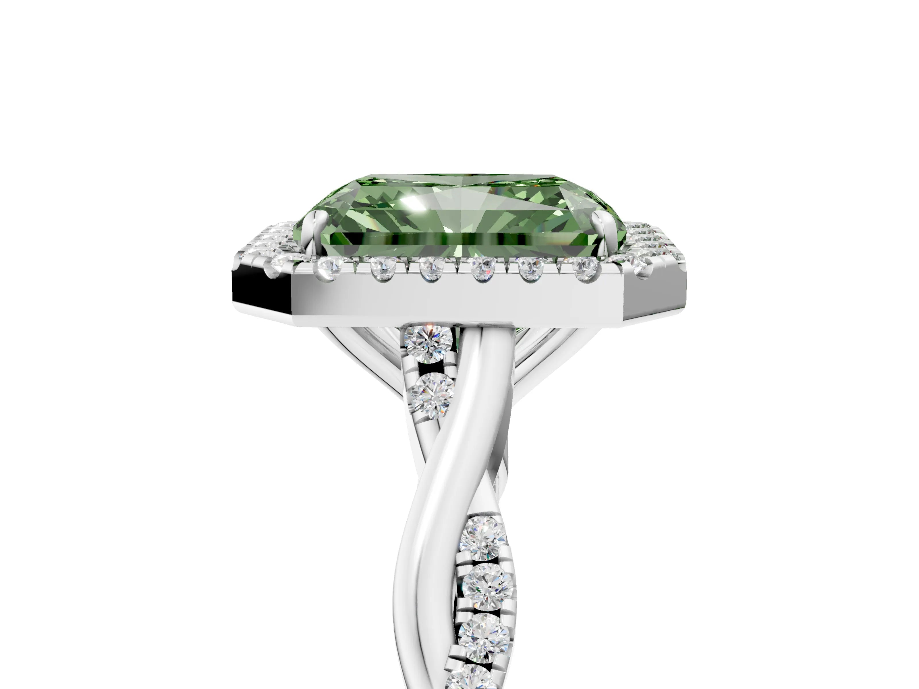 White gold Fancy Green Radiant Cut Halo Twist Band with Four-Prong Setting_78
