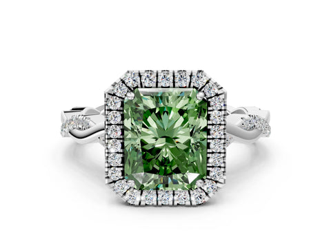 White gold Fancy Green Radiant Cut Halo Twist Band with Four-Prong Setting