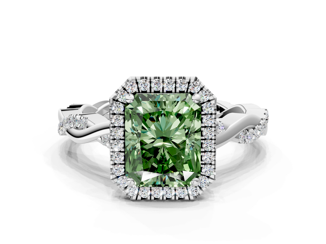 White gold Fancy Green Radiant  Cut Halo Twisted Band Four-Prong Ring_20