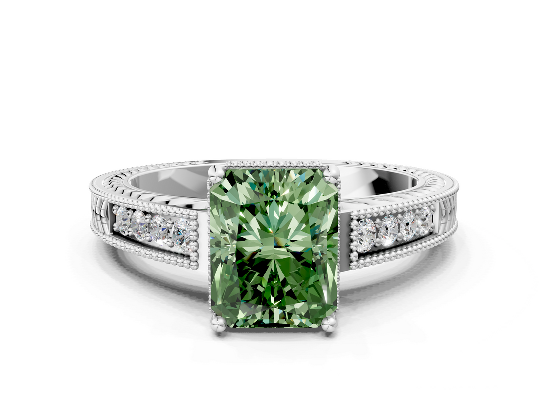 White gold Fancy Green Radiant  Cut Milgrain Channel Set Engagement Ring with Solitaire Prong Setting_49