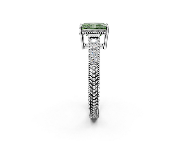 Platinum Fancy Green Radiant Cut Diamond Engagement Ring with Milgrain Channel Set Band and Prong Setting