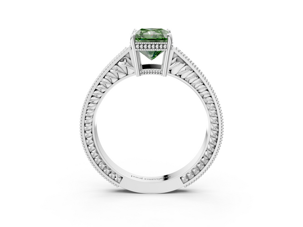 Platinum Fancy Green Radiant Cut Diamond Engagement Ring with Milgrain Channel Set Band and Prong Setting