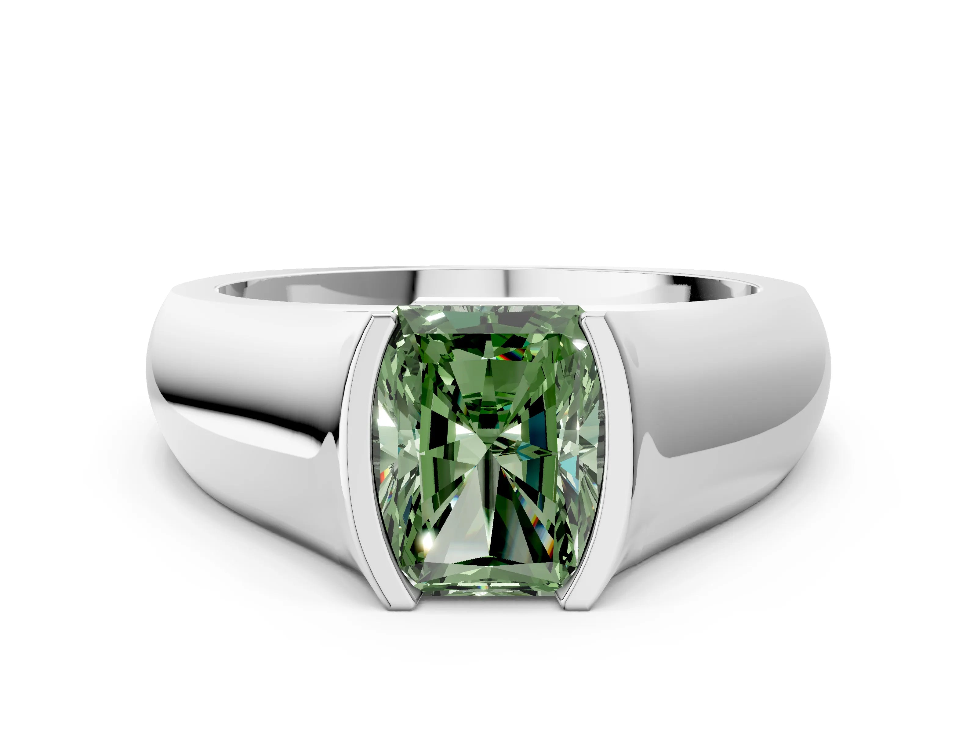 White gold Fancy Green Radiant Cut Solitaire Bezel Set Diamond Ring with Wide Band_12