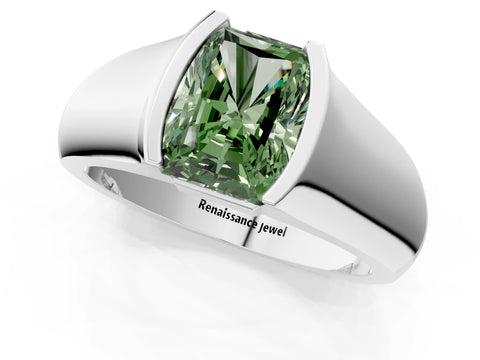 White gold Fancy Green Radiant Cut Solitaire Bezel Set Diamond Ring with Wide Band_13