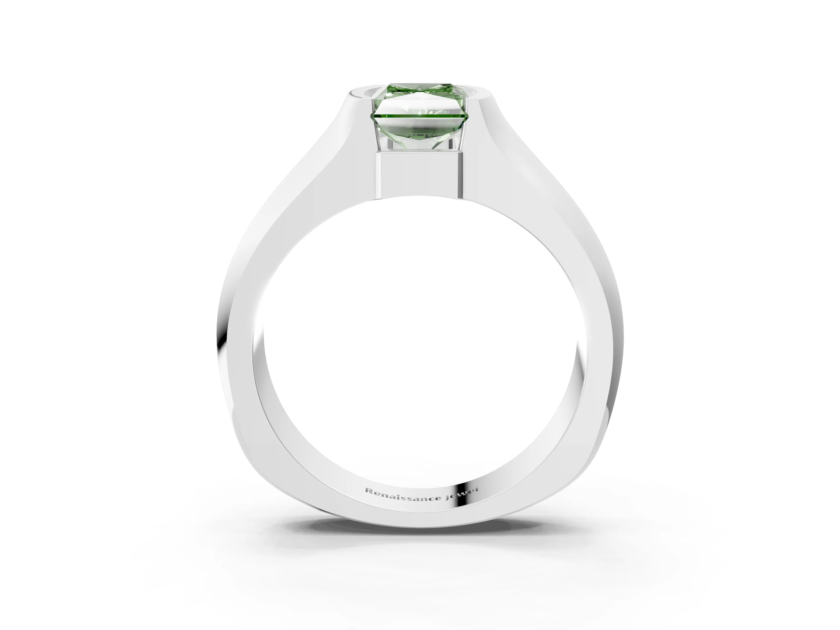 White gold Fancy Green Radiant Cut Solitaire Bezel Set Diamond Ring with Wide Band_15