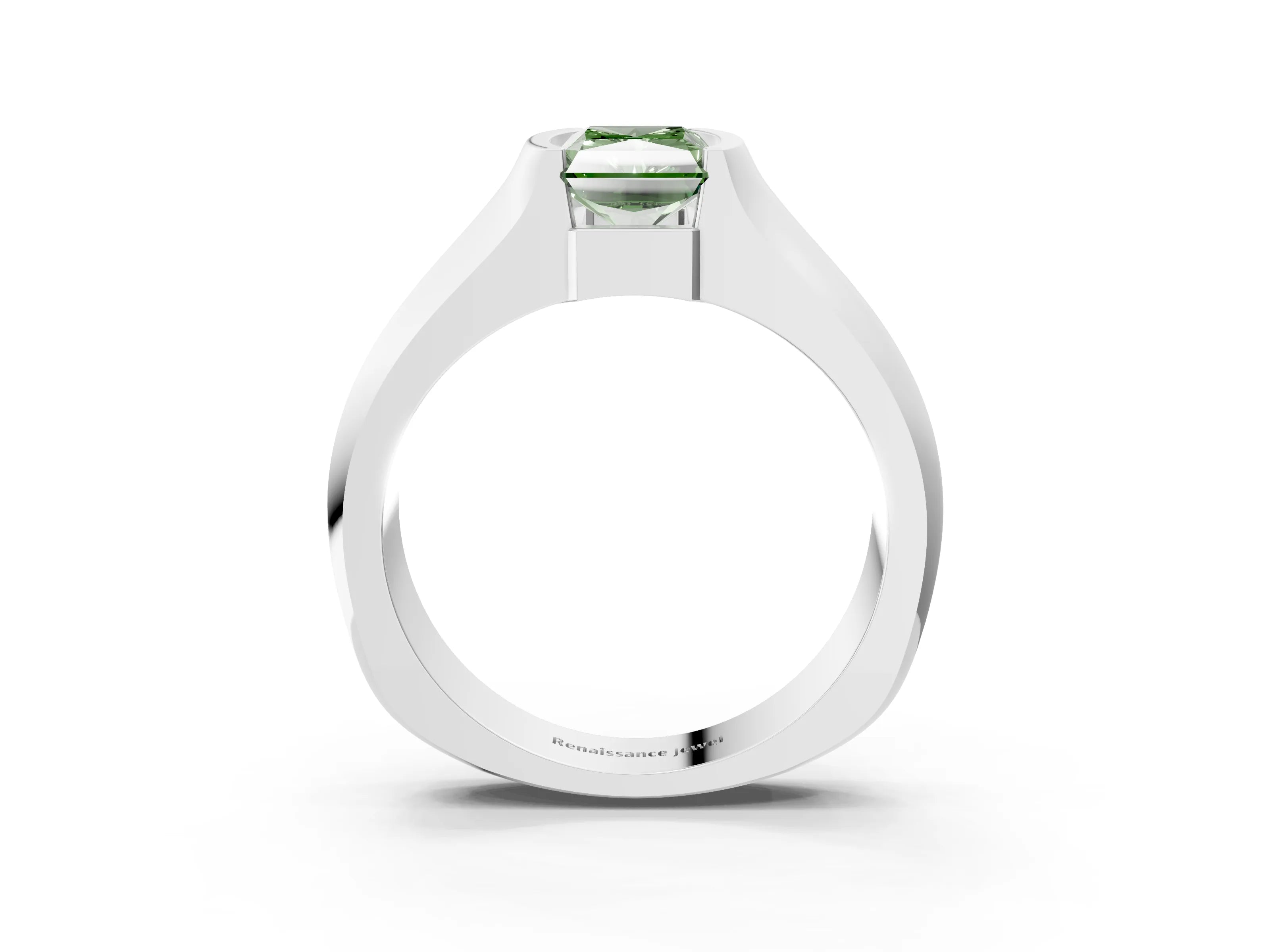 White gold Fancy Green Radiant Cut Solitaire Bezel Set Diamond Ring with Wide Band_3