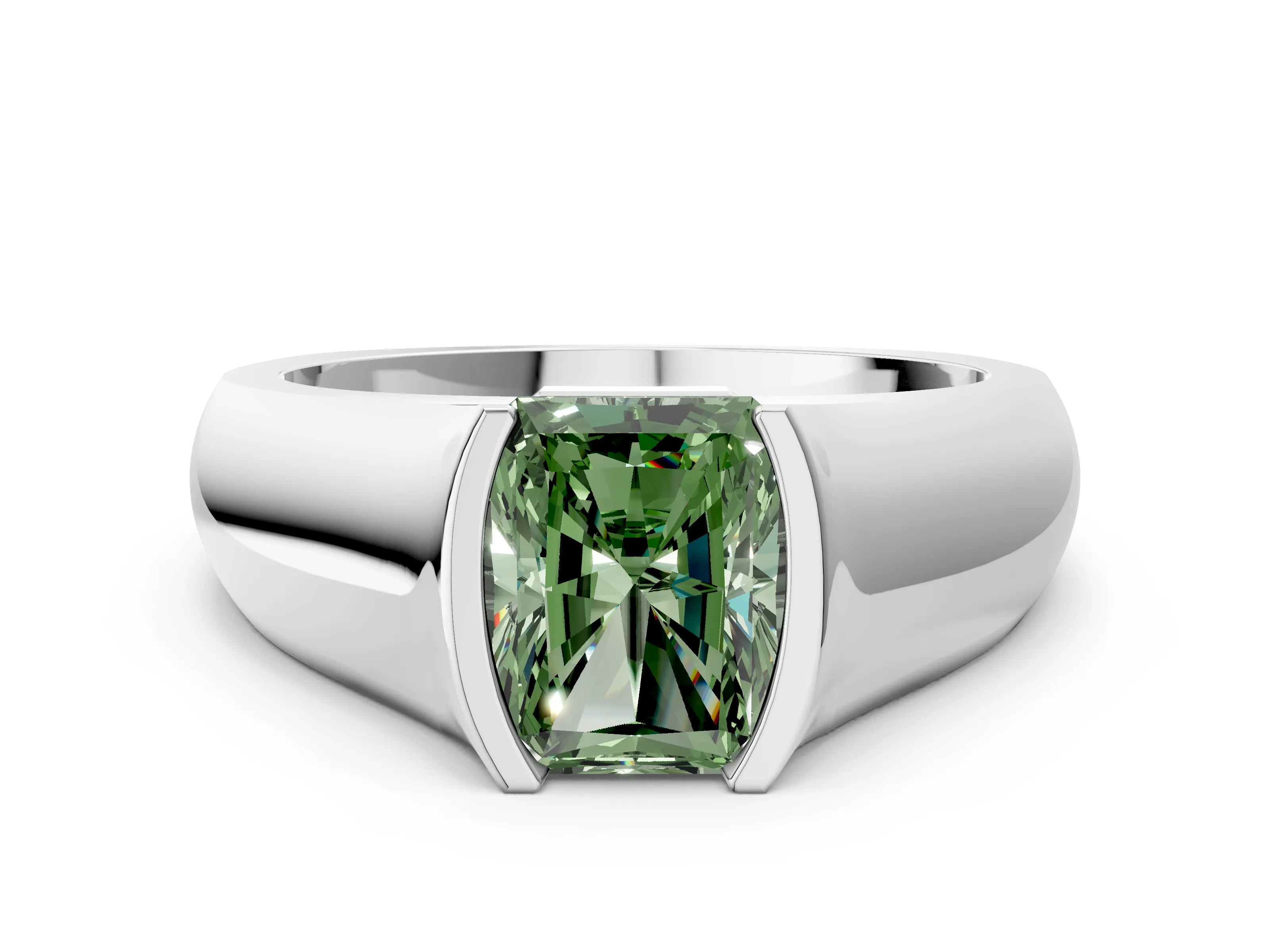 White gold Fancy Green Radiant Cut Solitaire Bezel Set Diamond Ring with Wide Band