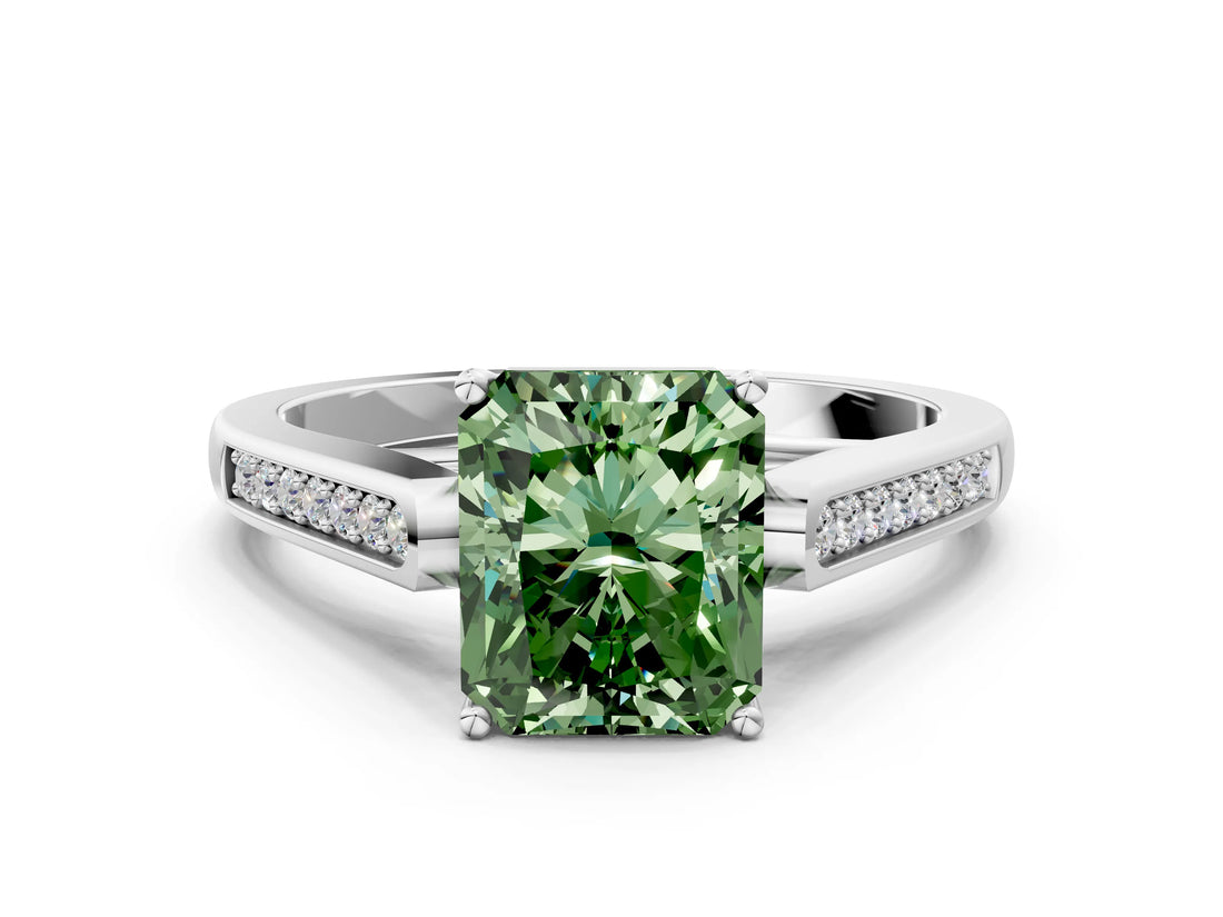 White gold Fancy Green Radiant Cut Solitaire Cathedral Diamond Engagement Ring with Channel-Set Band and Four-Prong Setting_15