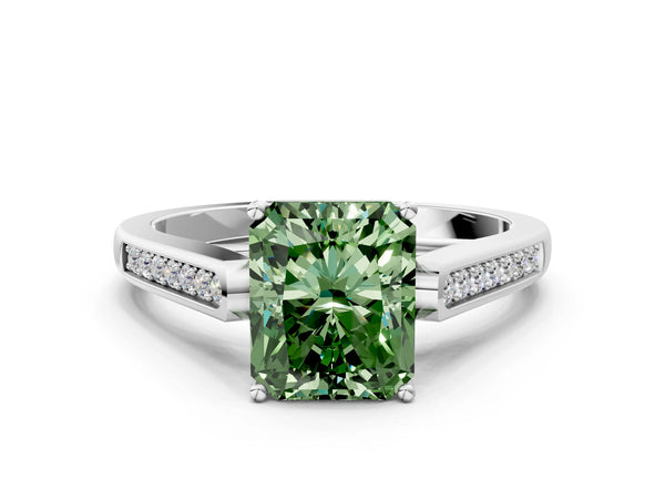 White gold Fancy Green Radiant Cut Solitaire Cathedral Diamond Engagement Ring with Channel-Set Band and Four-Prong Setting