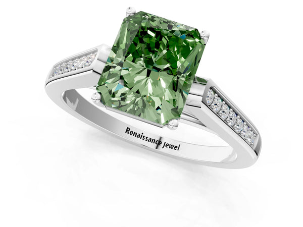 White gold Fancy Green Radiant Cut Solitaire Cathedral Diamond Engagement Ring with Channel-Set Band and Four-Prong Setting