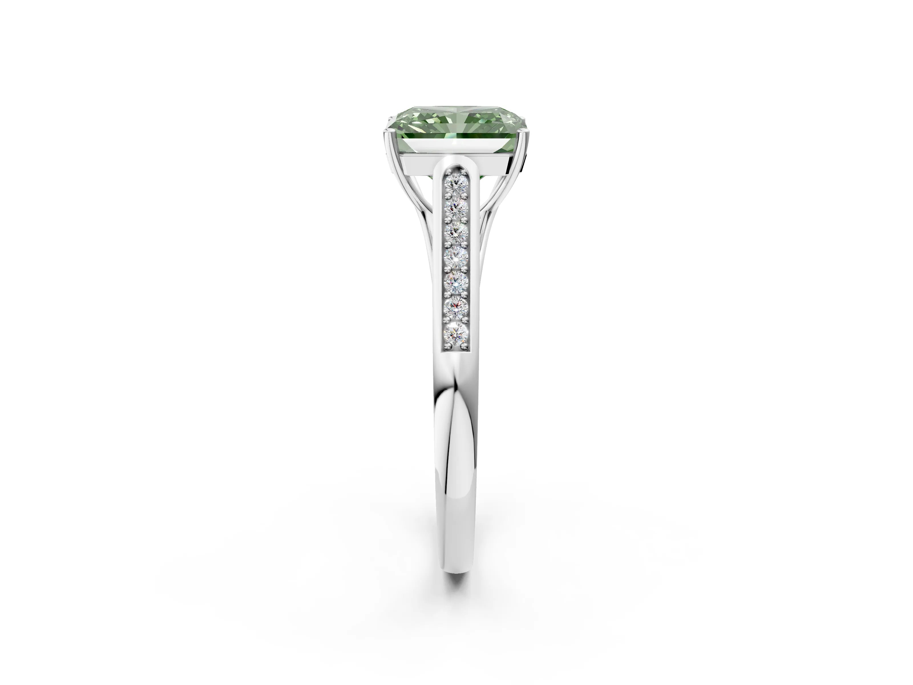 White gold Fancy Green Radiant Cut Solitaire Cathedral Diamond Engagement Ring with Channel-Set Band and Four-Prong Setting_17