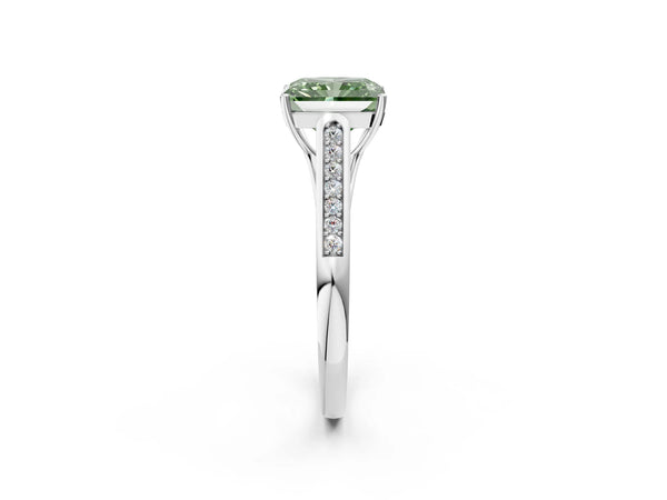 White gold Fancy Green Radiant Cut Solitaire Cathedral Diamond Engagement Ring with Channel-Set Band and Four-Prong Setting