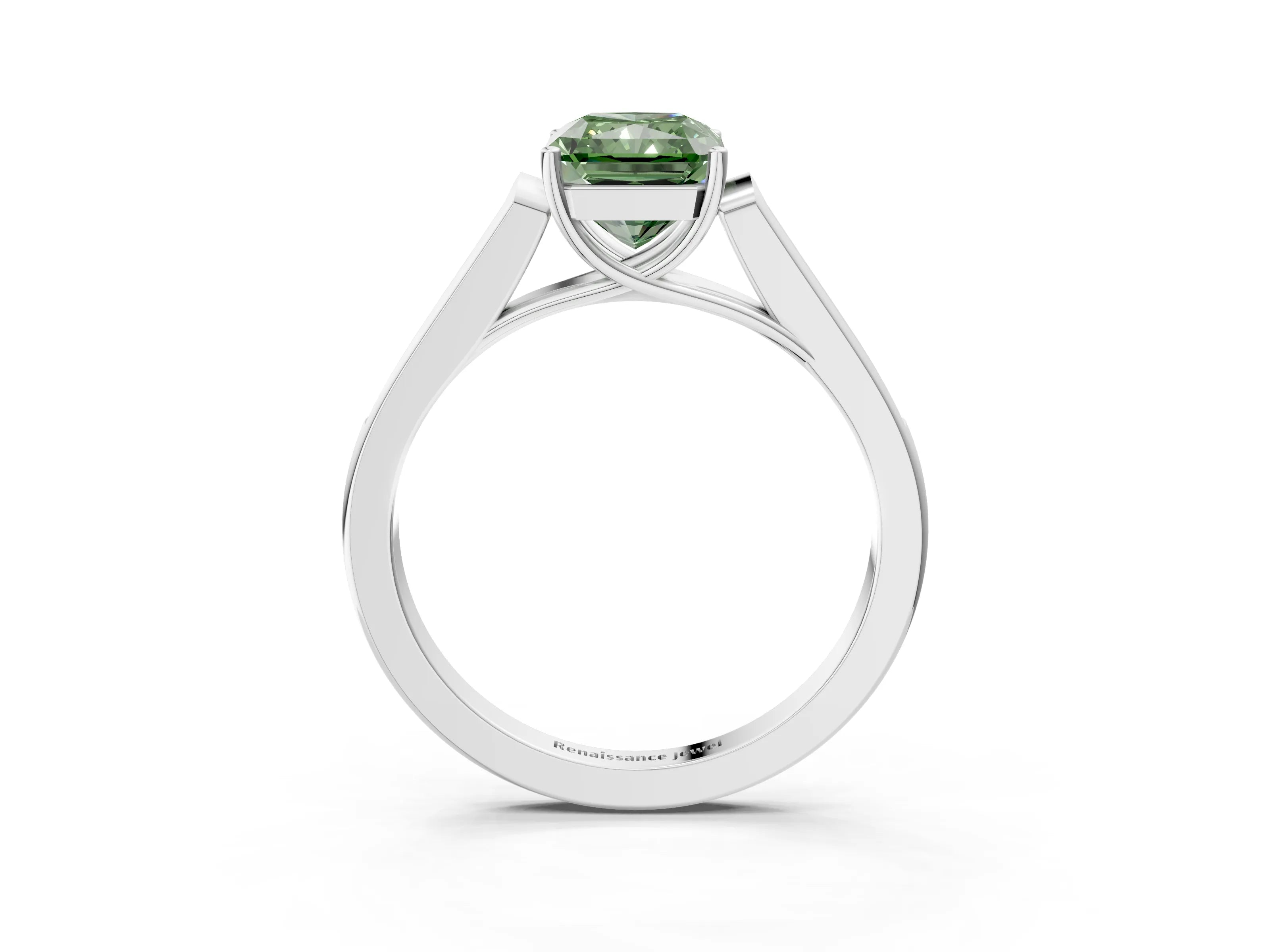 White gold Fancy Green Radiant Cut Solitaire Cathedral Diamond Engagement Ring with Channel-Set Band and Four-Prong Setting_18
