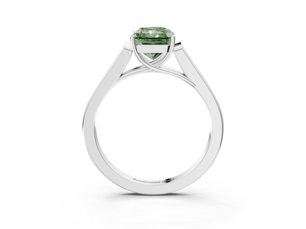 White gold Fancy Green Radiant Cut Solitaire Cathedral Diamond Engagement Ring with Channel-Set Band and Four-Prong Setting