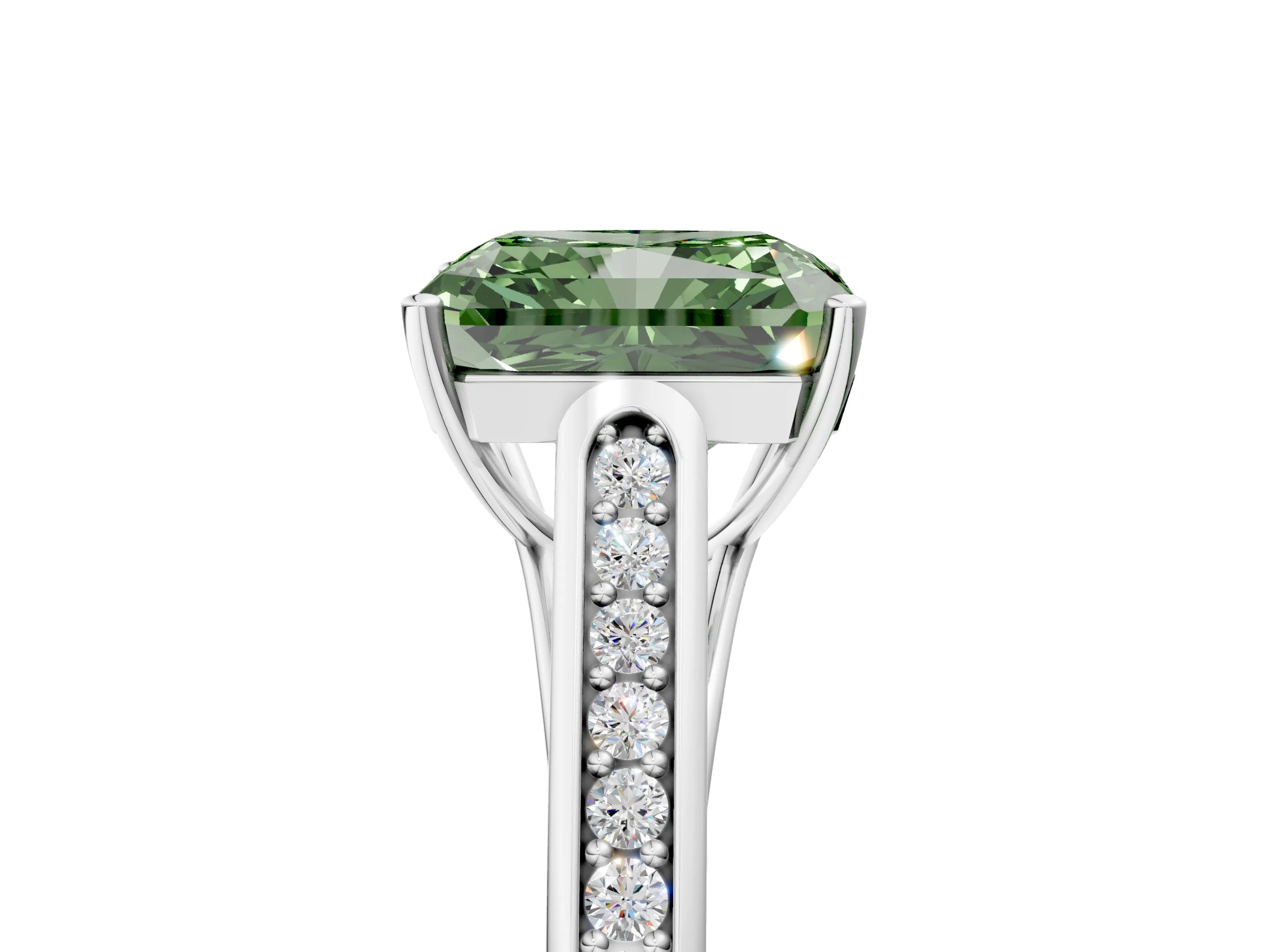 White gold Fancy Green Radiant Cut Solitaire Cathedral Diamond Engagement Ring with Channel-Set Band and Four-Prong Setting_20