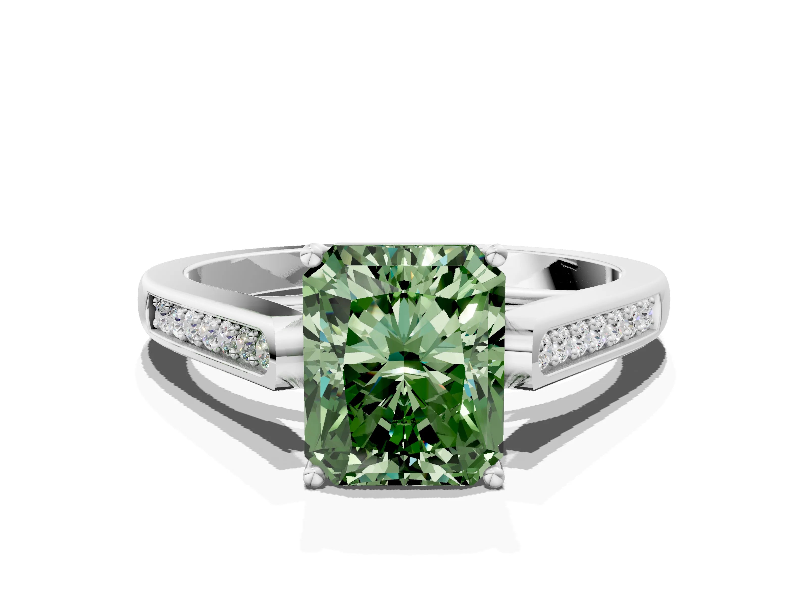 White gold Fancy Green Radiant Cut Solitaire Cathedral Diamond Engagement Ring with Channel-Set Band and Four-Prong Setting_3