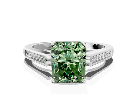 White gold Fancy Green Radiant Cut Solitaire Cathedral Diamond Engagement Ring with Channel-Set Band and Four-Prong Setting_3