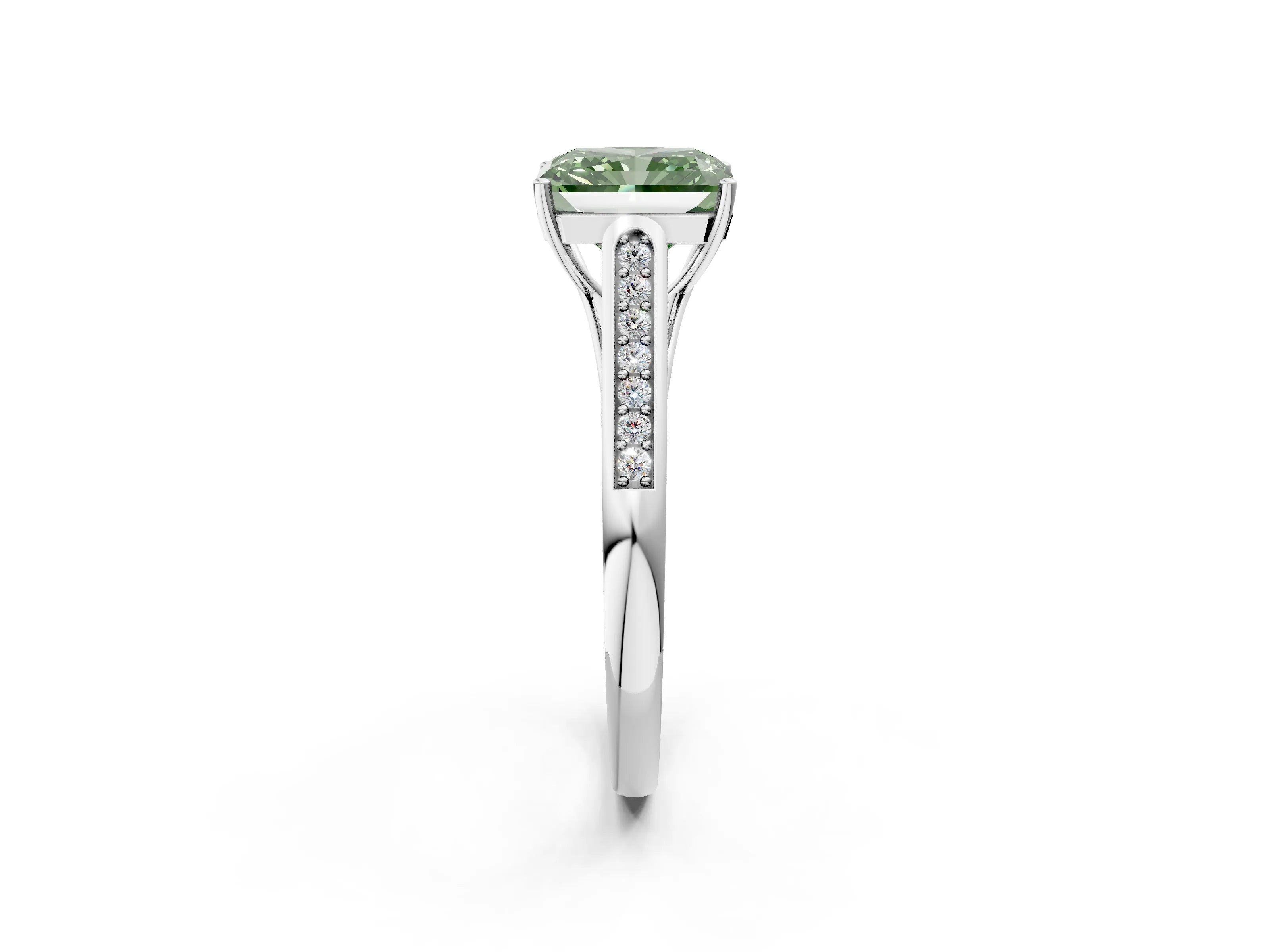 White gold Fancy Green Radiant Cut Solitaire Cathedral Diamond Engagement Ring with Channel-Set Band and Four-Prong Setting_5