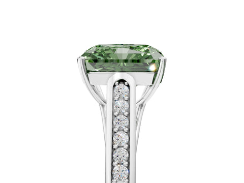 White gold Fancy Green Radiant Cut Solitaire Cathedral Diamond Engagement Ring with Channel-Set Band and Four-Prong Setting_8