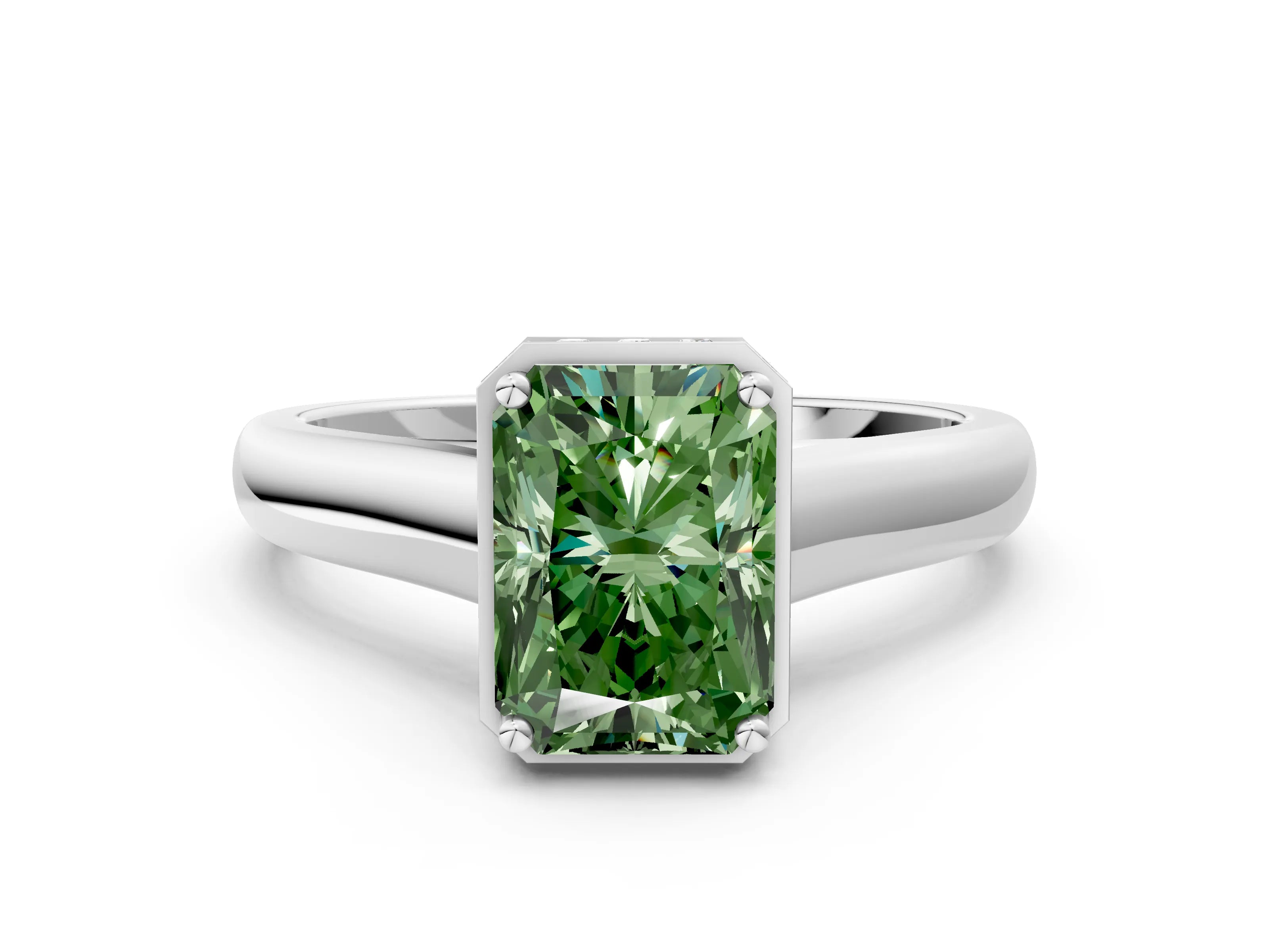 White gold Fancy Green Radiant Cut Solitaire Diamond Engagement Ring with Four-Prong Setting and Tapered Band_12