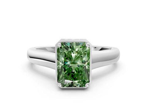 White gold Fancy Green Radiant Cut Solitaire Diamond Engagement Ring with Four-Prong Setting and Tapered Band_12