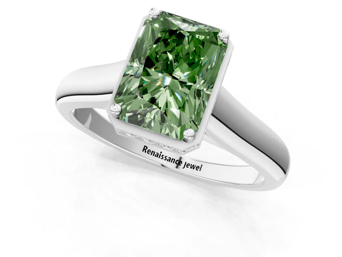 White gold Fancy Green Radiant Cut Solitaire Diamond Engagement Ring with Four-Prong Setting and Tapered Band_13