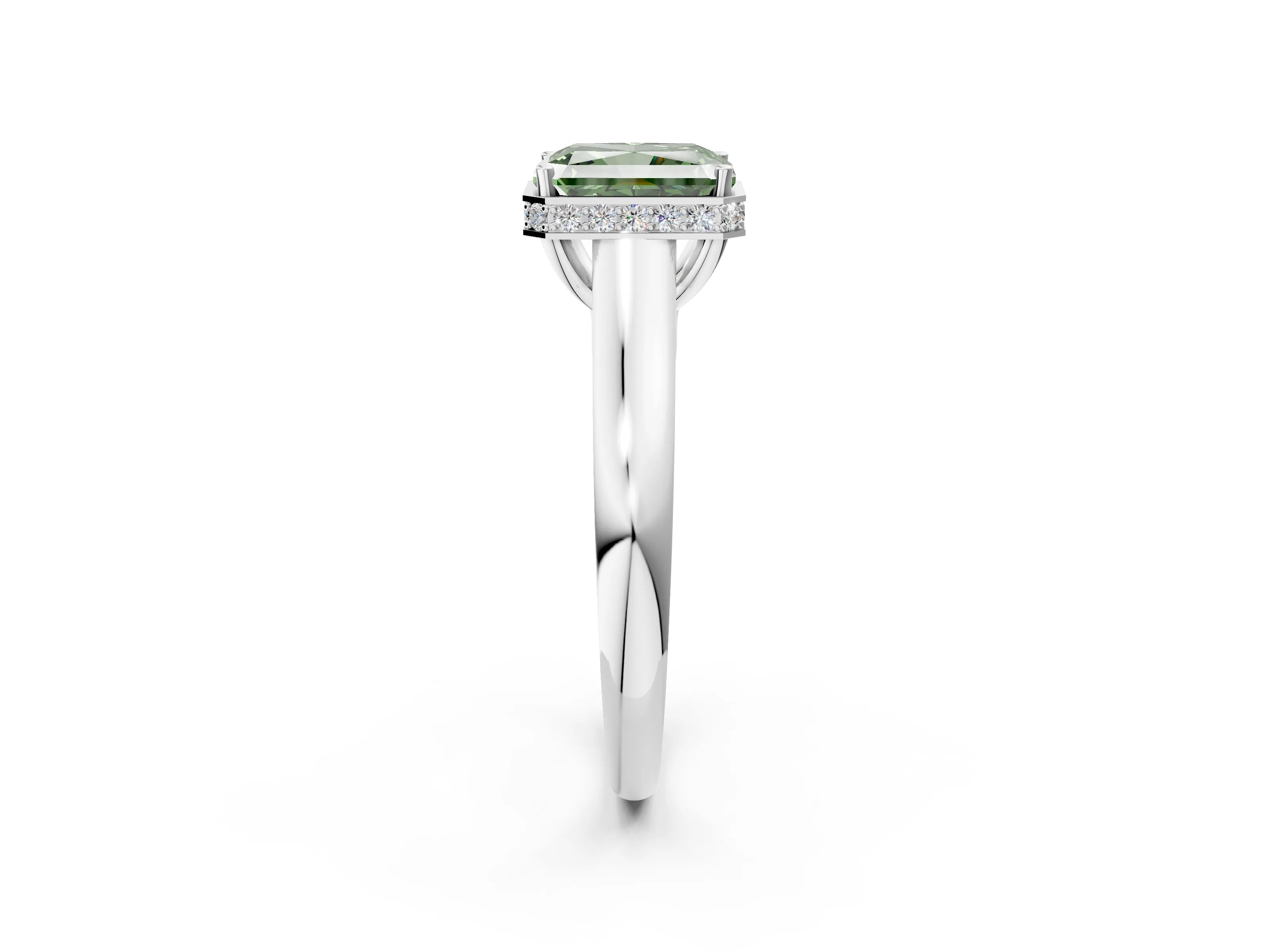 White gold Fancy Green Radiant Cut Solitaire Diamond Engagement Ring with Four-Prong Setting and Tapered Band_14