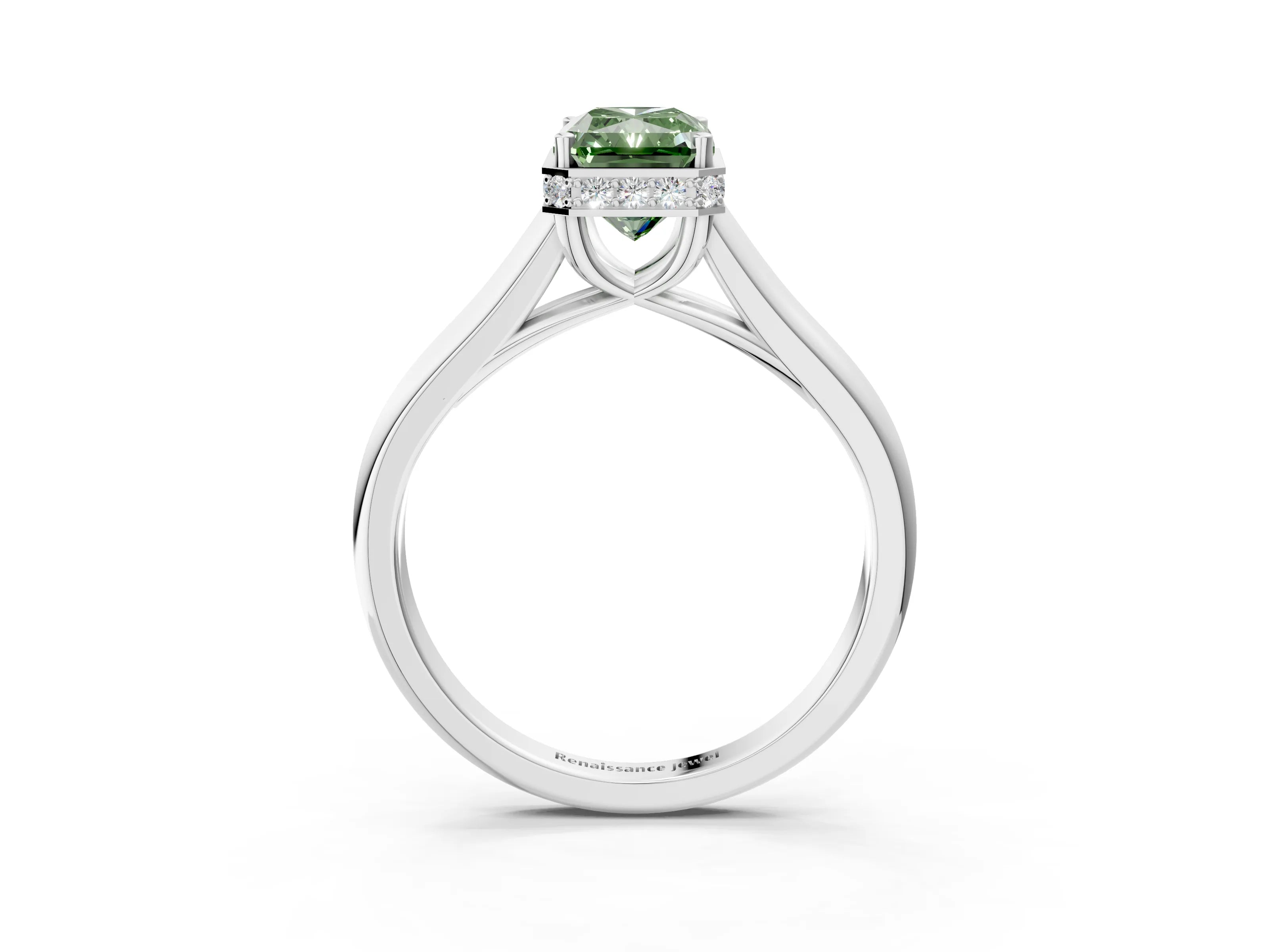 White gold Fancy Green Radiant Cut Solitaire Diamond Engagement Ring with Four-Prong Setting and Tapered Band_15