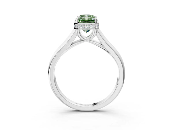 White gold Fancy Green Radiant Cut Solitaire Diamond Engagement Ring with Four-Prong Setting and Tapered Band