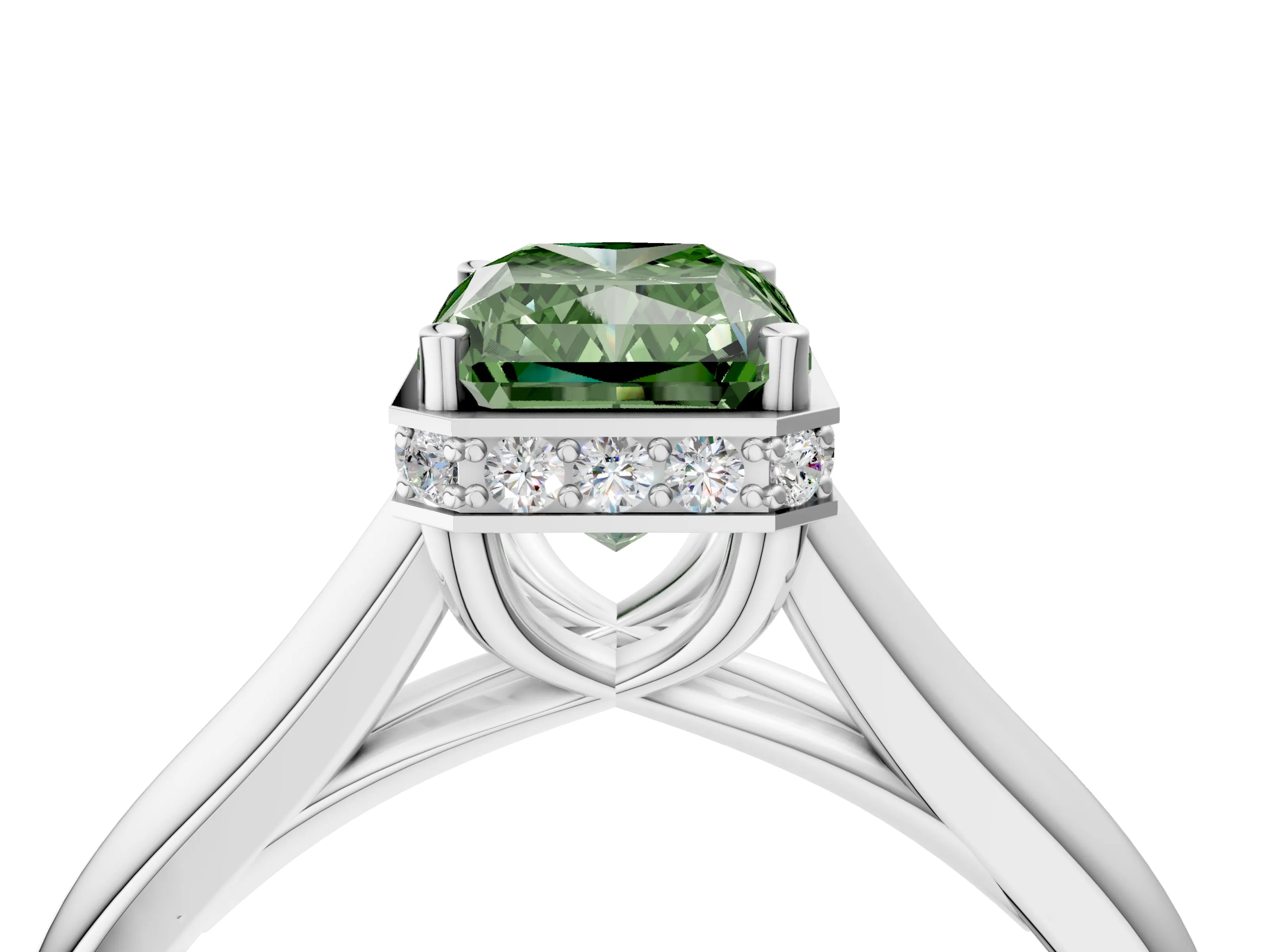 White gold Fancy Green Radiant Cut Solitaire Diamond Engagement Ring with Four-Prong Setting and Tapered Band_16
