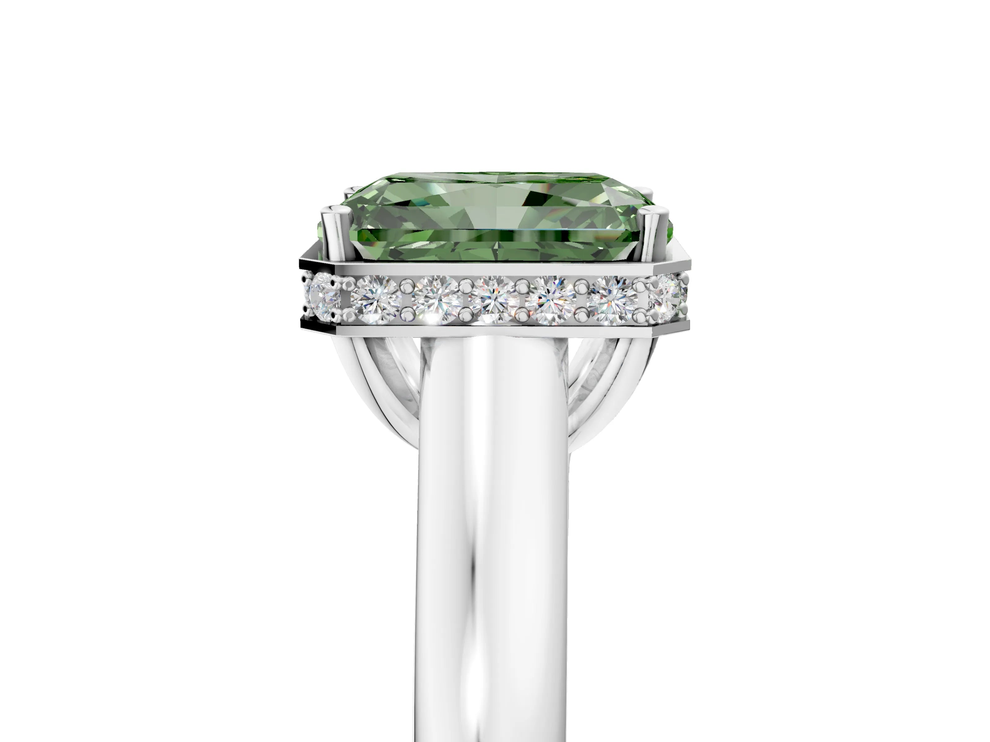 White gold Fancy Green Radiant Cut Solitaire Diamond Engagement Ring with Four-Prong Setting and Tapered Band_17
