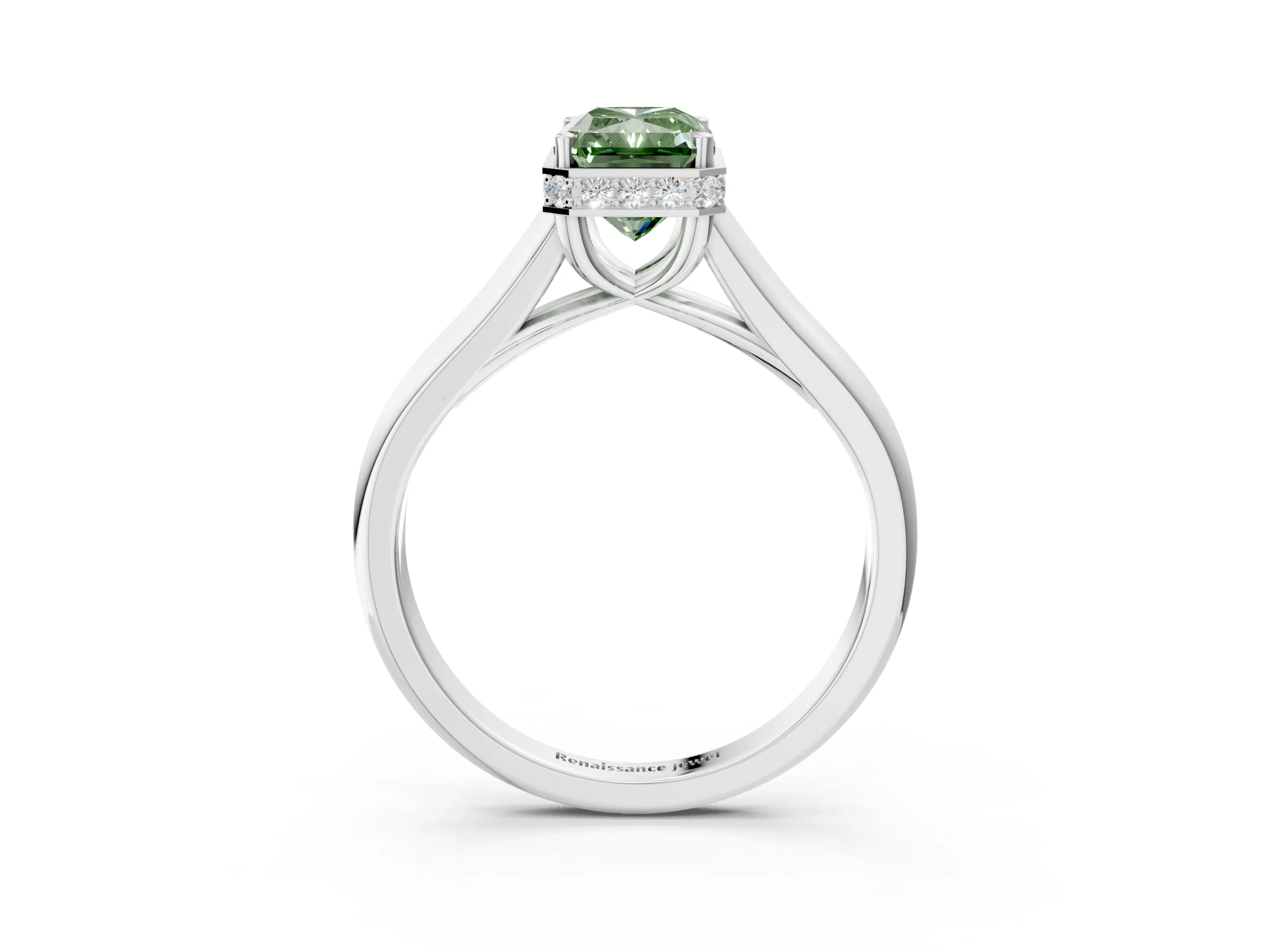 White gold Fancy Green Radiant Cut Solitaire Diamond Engagement Ring with Four-Prong Setting and Tapered Band_3