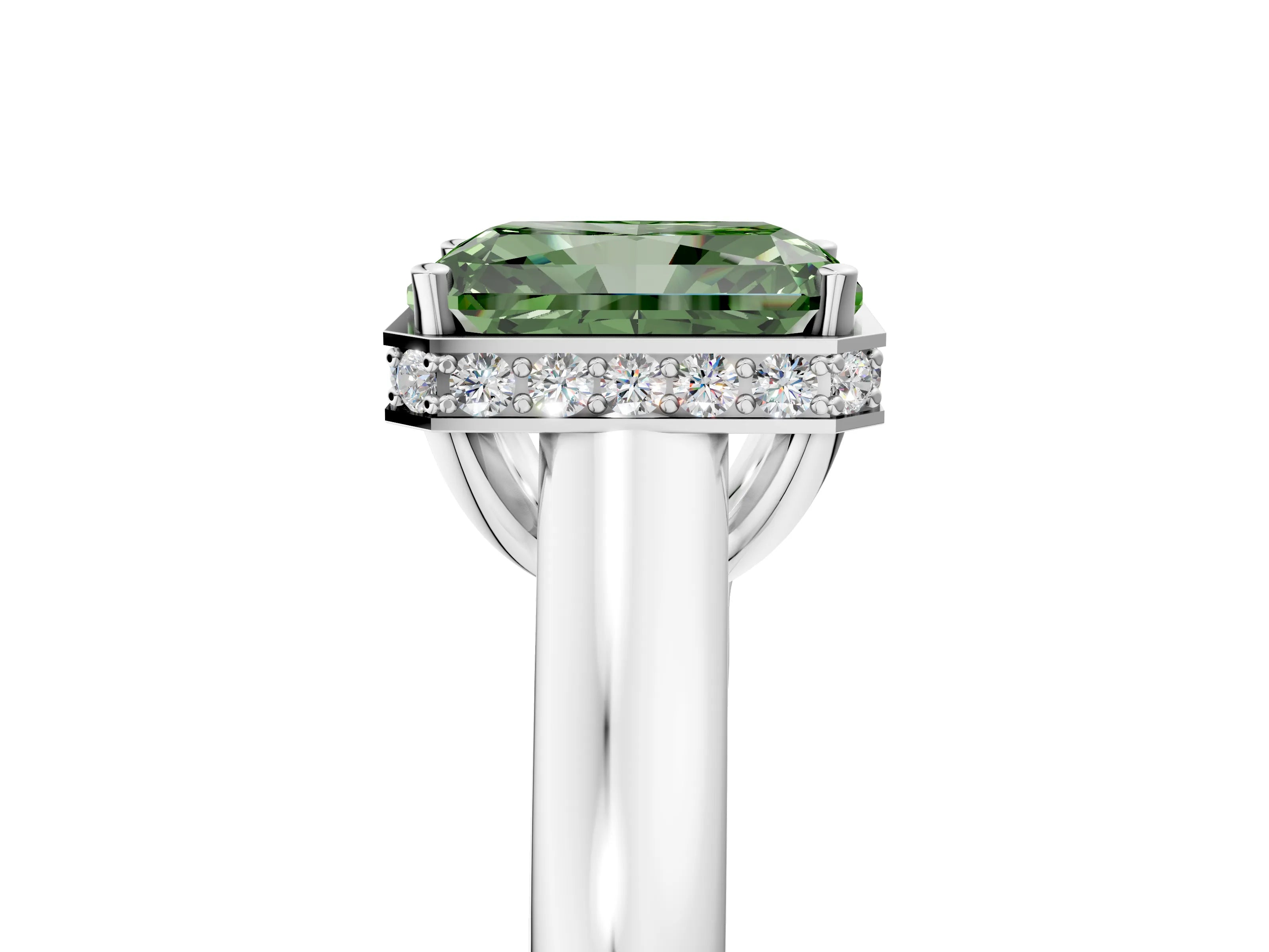 White gold Fancy Green Radiant Cut Solitaire Diamond Engagement Ring with Four-Prong Setting and Tapered Band_5