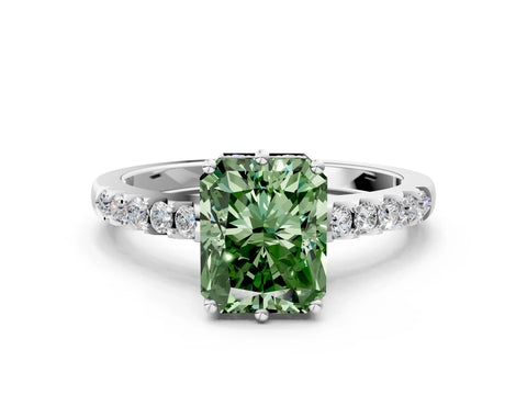 White gold Fancy Green Radiant Cut Solitaire Diamond Engagement Ring with Pavé Band and Six-Prong Setting_12