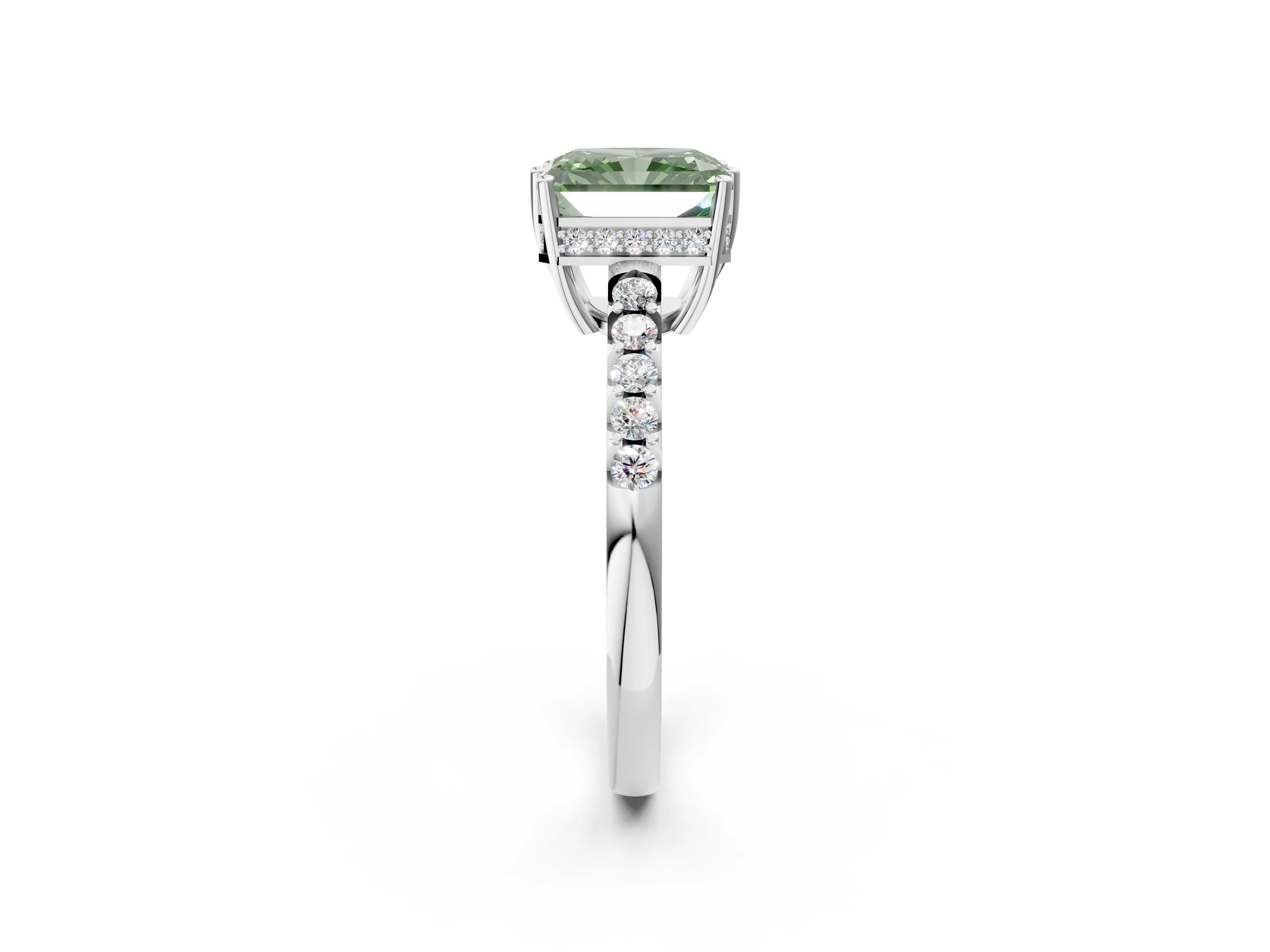 White gold Fancy Green Radiant Cut Solitaire Diamond Engagement Ring with Pavé Band and Six-Prong Setting_14