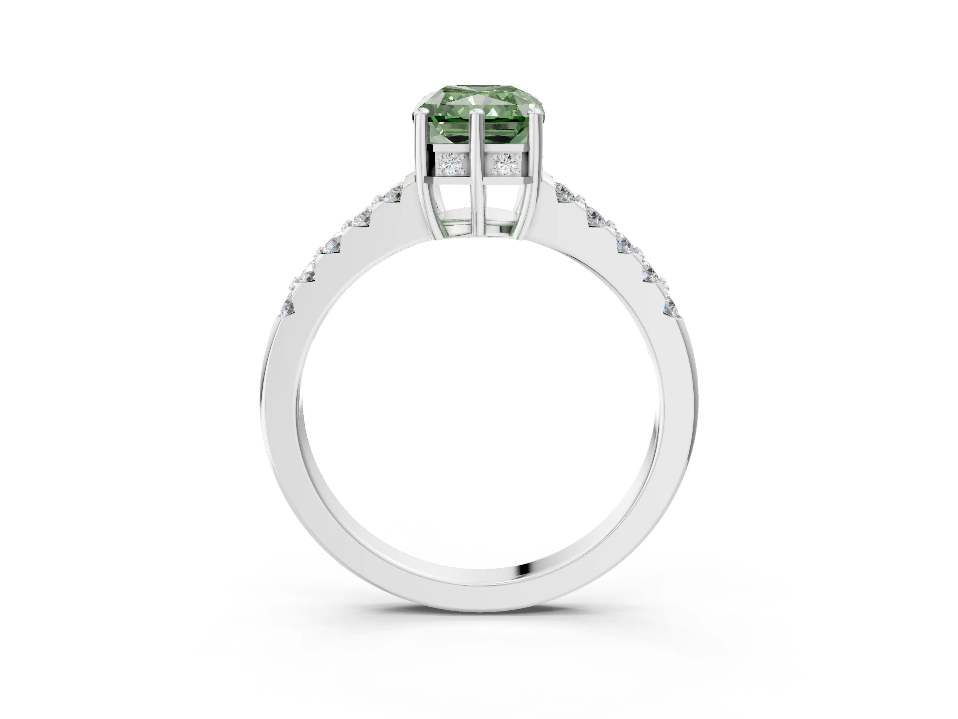 White gold Fancy Green Radiant Cut Solitaire Diamond Engagement Ring with Pavé Band and Six-Prong Setting_15