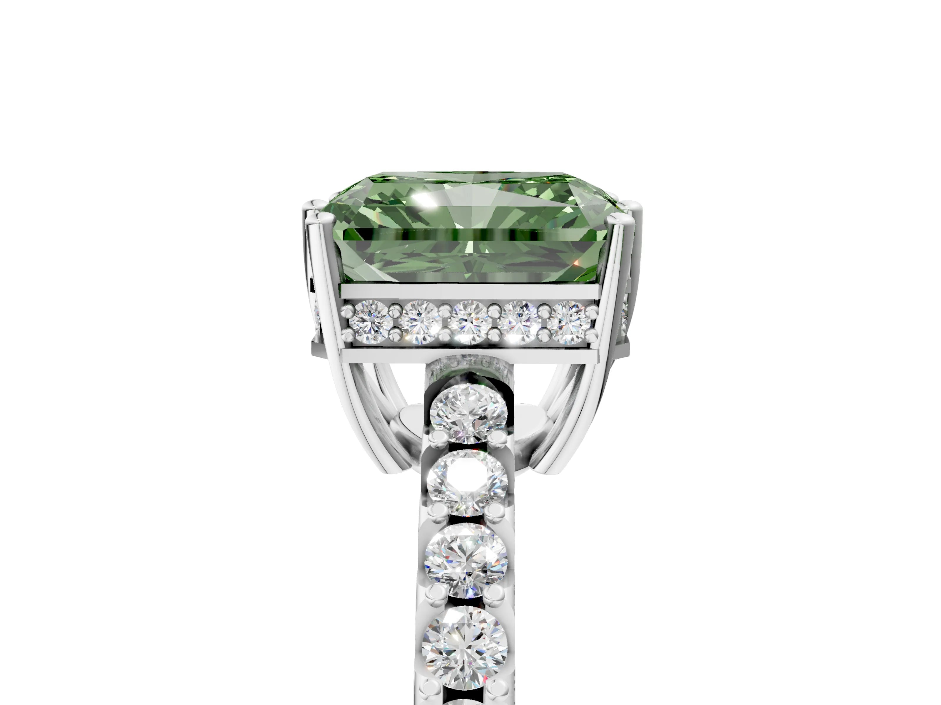 White gold Fancy Green Radiant Cut Solitaire Diamond Engagement Ring with Pavé Band and Six-Prong Setting_17