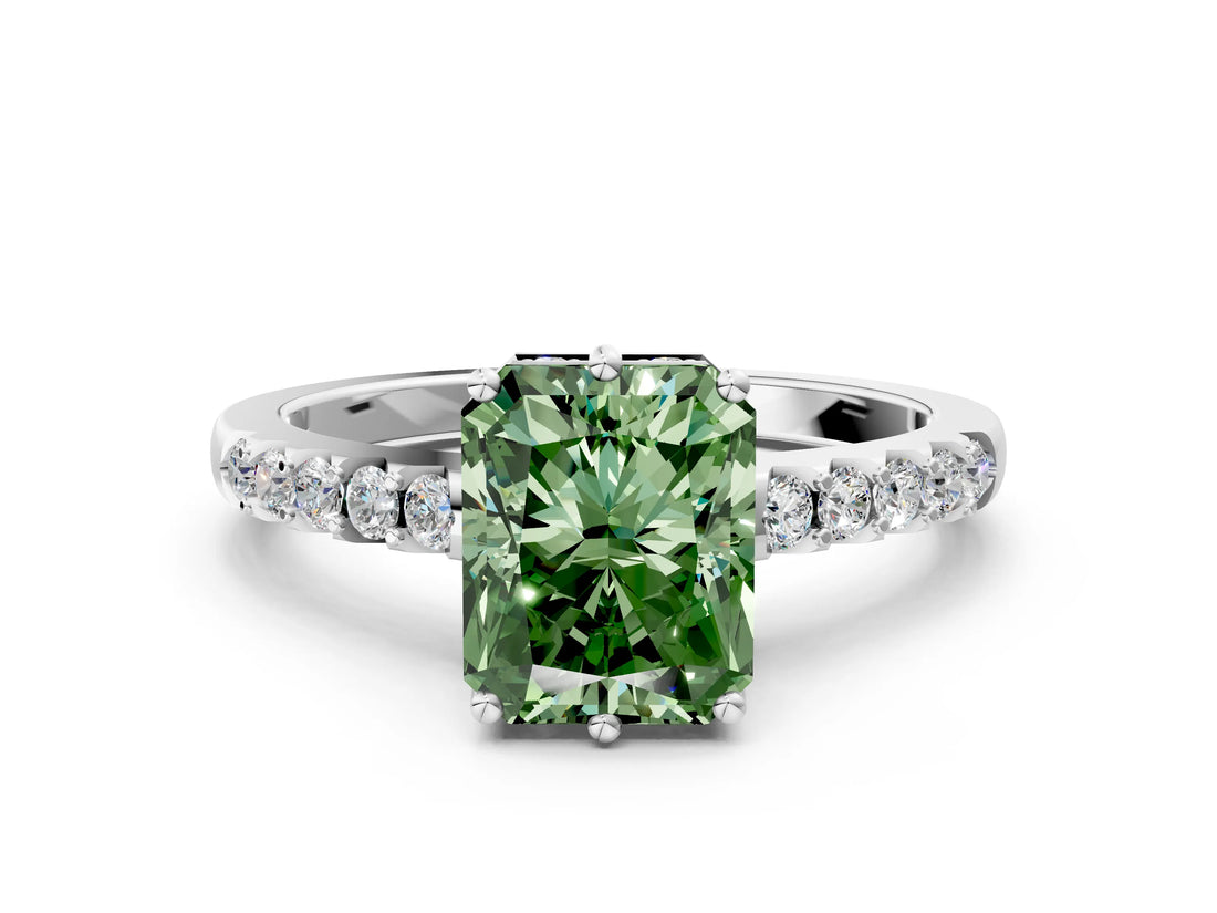 White gold Fancy Green Radiant Cut Solitaire Diamond Engagement Ring with Pavé Band and Six-Prong Setting_24