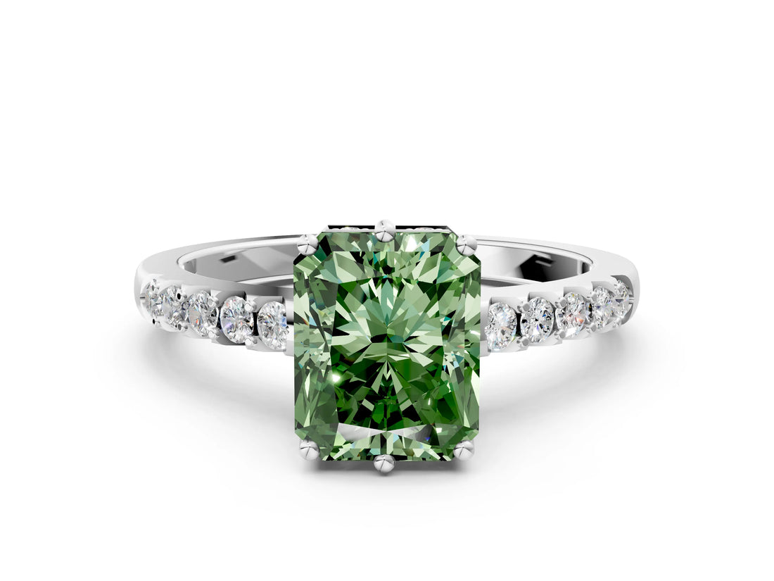 White gold Fancy Green Radiant Cut Solitaire Diamond Engagement Ring with Pavé Band and Six-Prong Setting_25