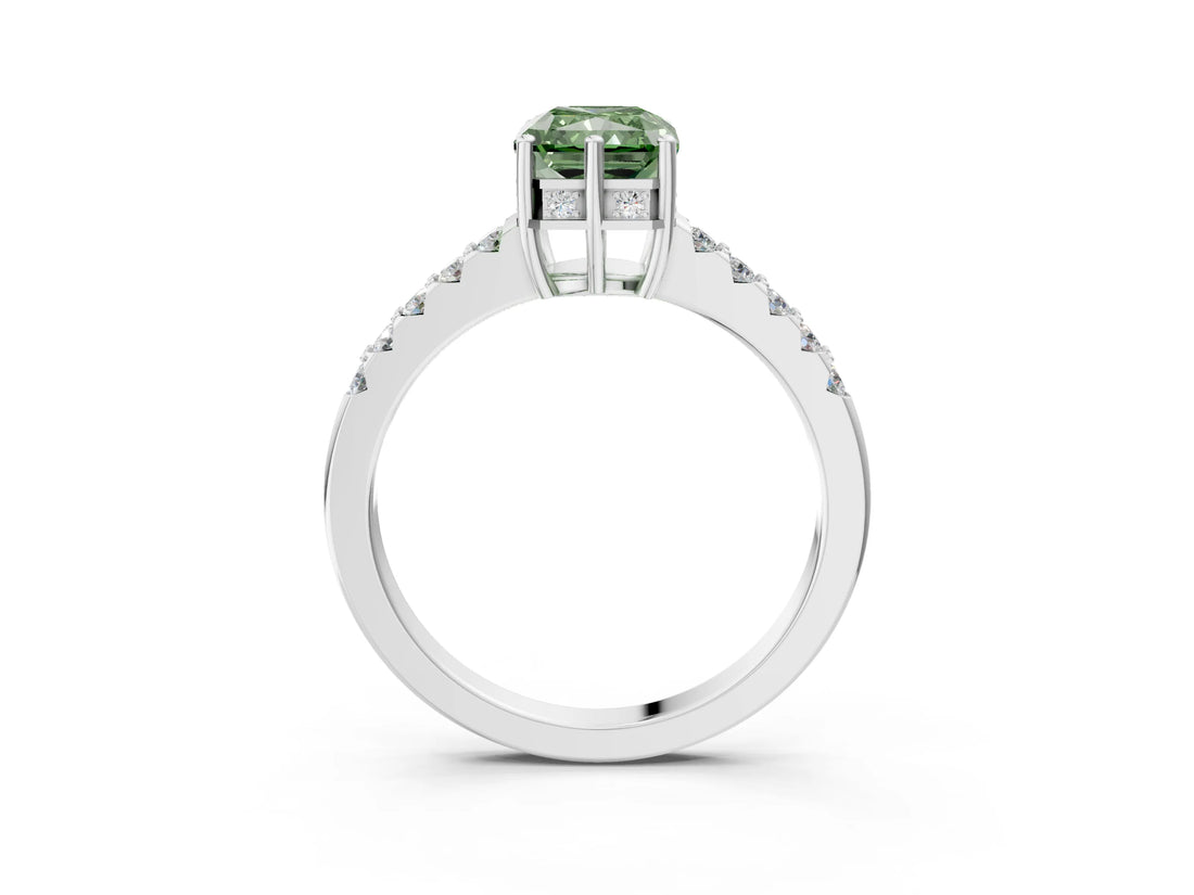 White gold Fancy Green Radiant Cut Solitaire Diamond Engagement Ring with Pavé Band and Six-Prong Setting_27